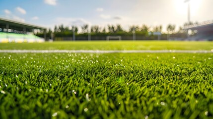 Vivid green grass football field under bright daylight, with stands out of focus