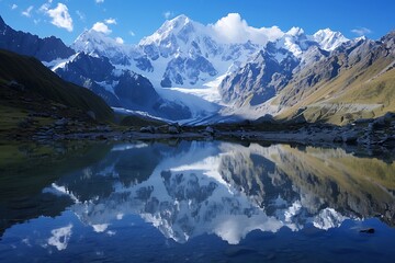 A peaceful mountain lake reflecting snow-capped peaks.