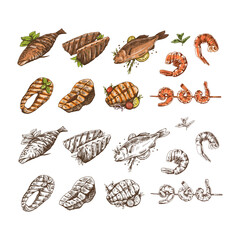 Для ИнтернетаHand-drawn colored and monochrome  vector sketch of barbecue fish and pieces of barbecue salmon steaks, prawns, shrimps. Doodle vintage illustration. Decorations for the menu of cafes