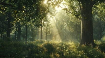 Fototapeta premium Soothing Forest Scene: Beautiful sunlight filtering through trees in a tranquil woodland