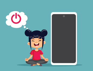 Little Girl Trying Digital Detox Fighting Addiction Vector illustration. Kid taking a break from being chronically online recognizing addictive behavior 

