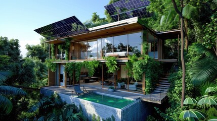 Obraz premium Sustainable Living: Eco-friendly lifestyle with solar panels and green architecture