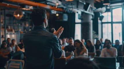 Tech Industry Disruption: Startup founders pitching to investors at a demo day event