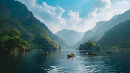beautiful view in the afternoon  boats on the river and two mountains