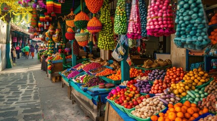 Obraz premium Vibrant Street Market: Colorful stalls selling fresh produce and handicrafts