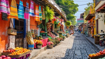 Vibrant Street Market: Colorful stalls selling fresh produce and handicrafts 