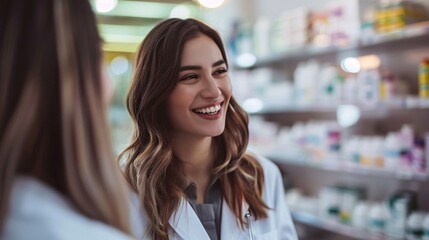Happy pharmacist talking to her customer who is buying medicine in drugstore.