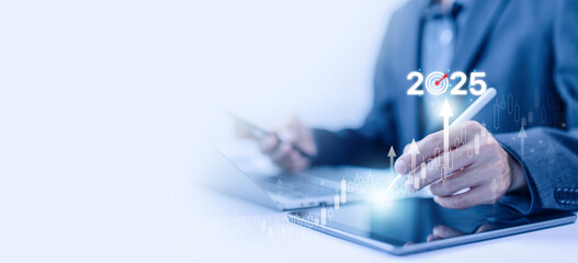 economic analysis 2025, growth business Making a profit in the investment market. concept of finance goal to succeed, industry technology. the budget plan targets the new year 2025 growth. 
action