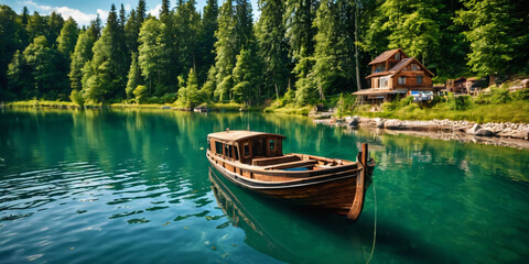 Obraz premium A boat ride of a building, with the details and texture created by the artist's hand and the tools, with a boat on a lake.