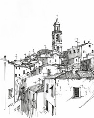 Fototapeta premium a simple ink drawing of the cityscape of Mçu, Italy, drawn by hand in black pen on white paper.