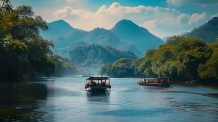 beautiful view in the afternoon  boats on the river and two mountains