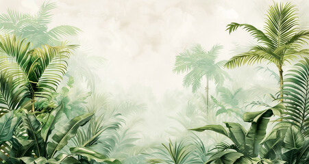 A white background with a row of palm trees and plants in the jungle, painted in the style of Anna shirley hunkin. The colors are light green, soft gray and warm yellow. There is some mist around the 