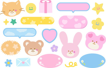 Illustrations of cute pastel elements such as teddy bear, cat, bunny, flowers, heart, star, gift box, text bubbles, love letters for animal print, sticker, cartoon, character, message, chat, emoji