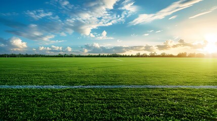 Fototapeta premium Vividly green football field, with indistinct background elements under bright sky