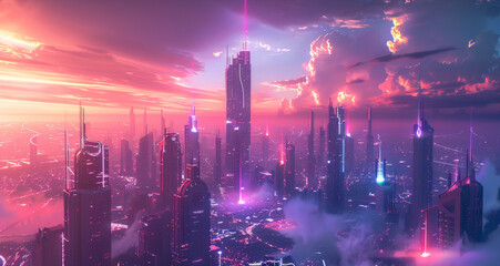 Future city, cyber, high-rise buildings, sky, neon, pink and purple colors. Generative AI.