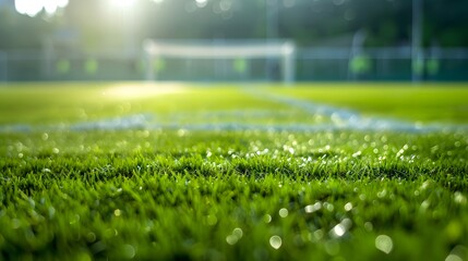 Naklejka premium Detailed green grass on a football pitch, with the far-off background gently blurred