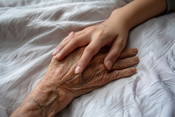 A woman is holding the hand of an elderly man.  Concept of comfort and care, as the woman is providing support