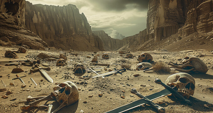 A dry desert valley with piles of the bones of an ancient army in the foreground. Discarded swords and shields litter the floor. Generative AI.