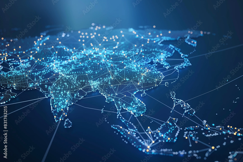 Aufkleber a blue and white map of the world with many dots on it. the dots represent cities and other points o