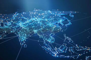 A blue and white map of the world with many dots on it. The dots represent cities and other points of interest. The map is very detailed and shows the connections between different places