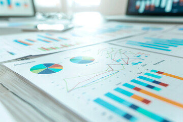 A pen is on top of a stack of graphs. The graphs are colorful and show different data points. The pen is black and has a gold tip. Concept of analyzing data and making sense of it