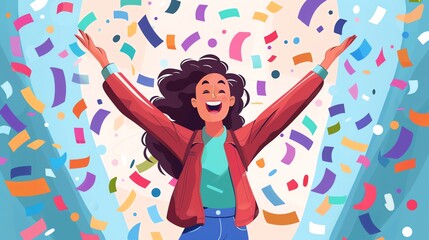 young woman celebrates victory by raising both hands with flying confetti