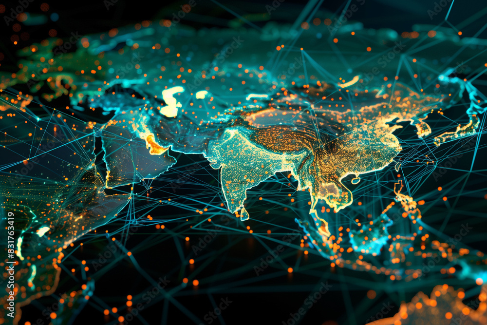 Poster a colorful map of the world with a lot of dots and lines. the map is made up of different colors and