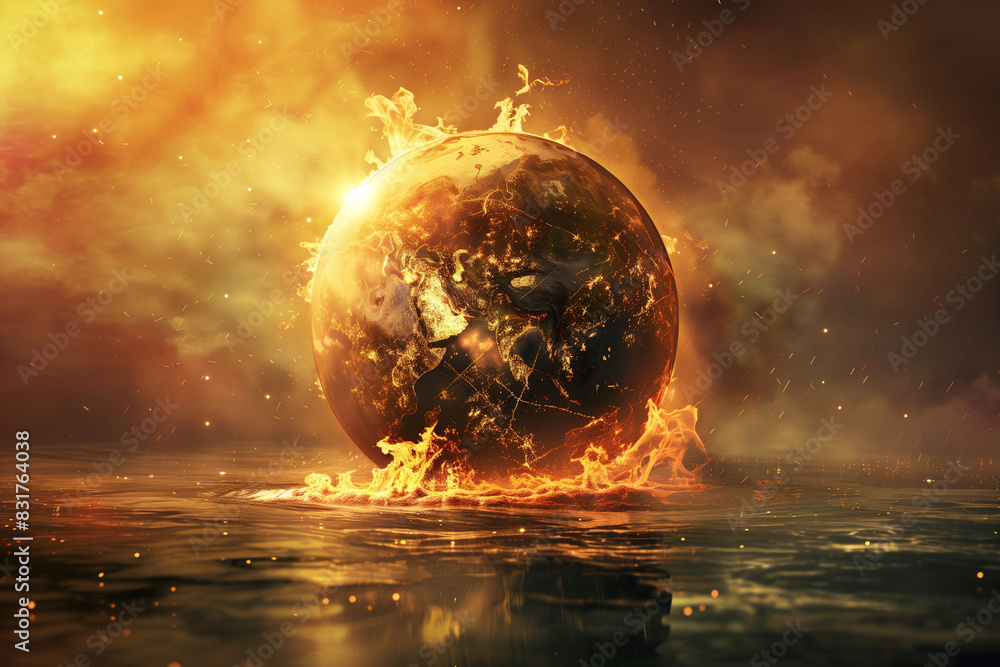 Aufkleber a planet is on fire and surrounded by flames. the planet is the center of the image and the flames a