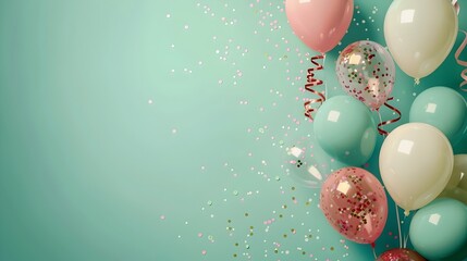 Carnival Atmosphere Fills Minimalist Pastel Green Backdrop with Balloons and Streamers