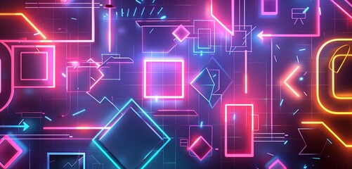 Minimalist abstract background featuring geometric shapes in vibrant neon colors, ideal for tech-themed designs and digital marketing materials