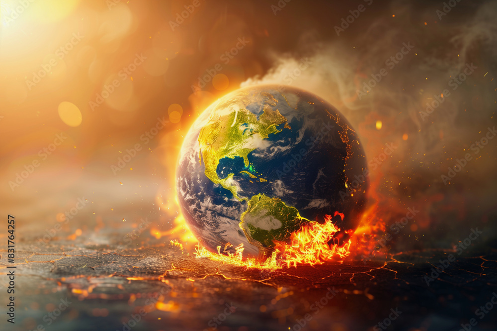 Aufkleber a planet is on fire and surrounded by flames. the planet is the center of the image and the flames a