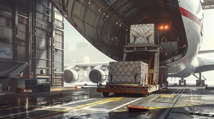 Cargo plane with open cargo bay, being loaded with freight, realistic render