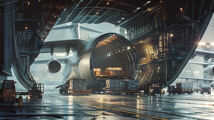 Fototapeta premium Cargo plane with open cargo bay, being loaded with freight, realistic render