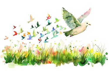 Abstract watercolor illustration of flying bird with beautiful landscape inside, white background, clip art for stickers, concept for peace or love symbol