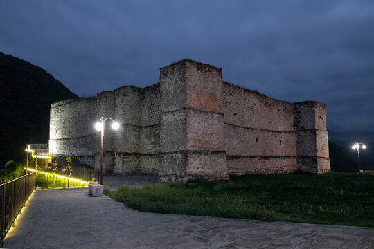 Ancient "Fortress of Seven Brothers and One Sister" in the evening twilight. Huchni. Republic of Dagestan, Russia