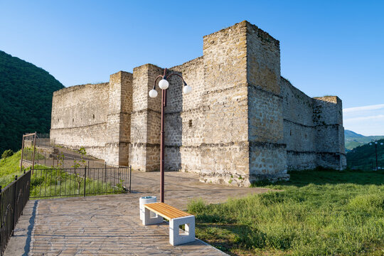 Ancient "Fortress of Seven Brothers and One Sister" on a sunny May morning. Huchni. Republic of Dagestan, Russia