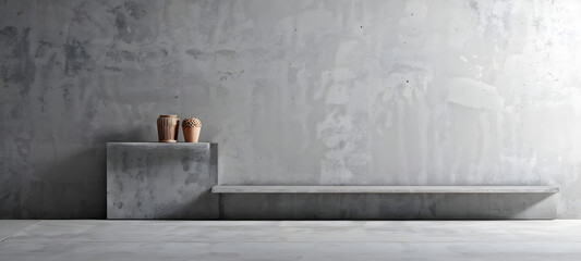 Empty Gray Wall Room interiors Studio Concrete Backdrop and Floor cement Shelf, well editing montage display products and text present on free space Grey Color Background