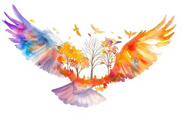 Abstract watercolor illustration of flying bird with beautiful landscape inside, white background, clip art for stickers, concept for peace or love symbol