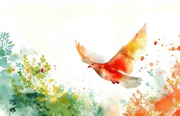 Abstract watercolor illustration of flying bird with beautiful landscape inside, white background, clip art for stickers, concept for peace or love symbol