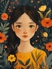 Mysterious Woman middle Vibrant Blooms in Artistic Darkness