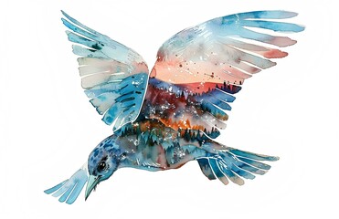 Abstract watercolor illustration of flying bird with beautiful landscape inside, white background, clip art for stickers, concept for peace or love symbol