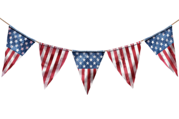 A string of American flag pennants, perfect for patriotic celebrations.