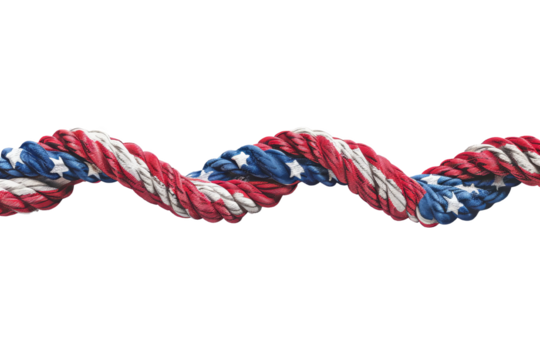 A red, white and blue rope with stars and stripes design, twisted into a wave shape.