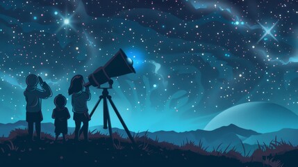 Astronomy Day Celebration: Cartoon Astronomers Under Starry Night Sky, illustration, wallpaper,