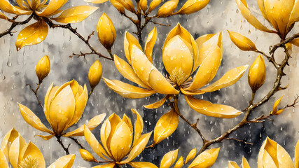 Fototapeta premium Yellow magnolia flowers with drops of water on a branch during rain in the garden in spring. watercolor illustration