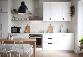 Modern new light interior of kitchen with white furniture and dining table. 3D Rendering
