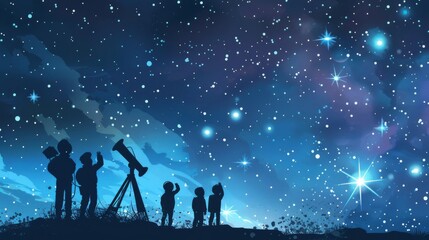 Astronomy Day Celebration: Cartoon Astronomers Under Starry Night Sky, illustration, wallpaper,