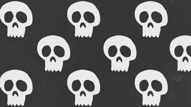 Halloween Background animation large neutral white skulls moving to the left over gray background with grain