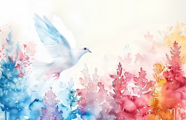 Abstract watercolor illustration of flying bird with beautiful landscape inside, white background, clip art for stickers, concept for peace or love symbol