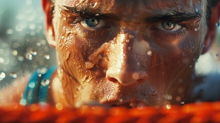 An olympic athlete bursts through the finish line. Their face, etched with a mix of exhaustion and victory, tells a story of perseverance, dedication, and the sheer joy of achieving a lifelong dream